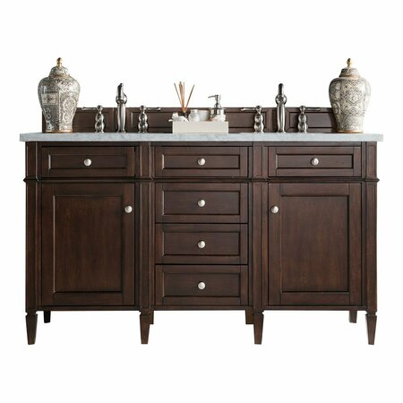 JAMES MARTIN VANITIES Brittany 60in Double Vanity, Burnished Mahogany w/ 3 CM Arctic Fall Solid Surface Top 650-V60D-BNM-3AF